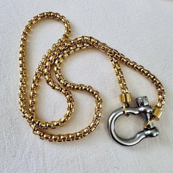 18K Gold Plated Carabiner Screw Lock Necklace Stainless Steel Womens Jewelry - Picture 1 of 12